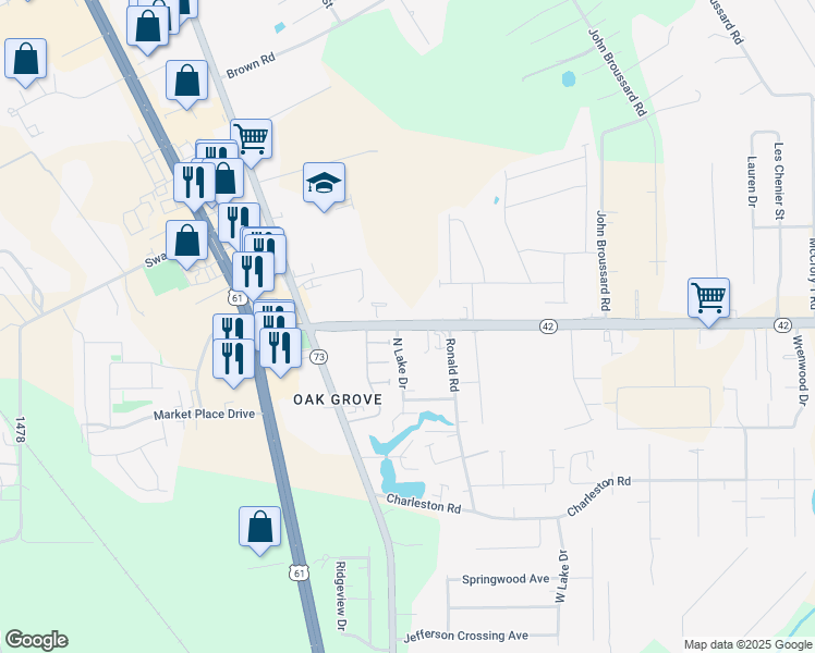 map of restaurants, bars, coffee shops, grocery stores, and more near 38127 Louisiana 42 in Prairieville
