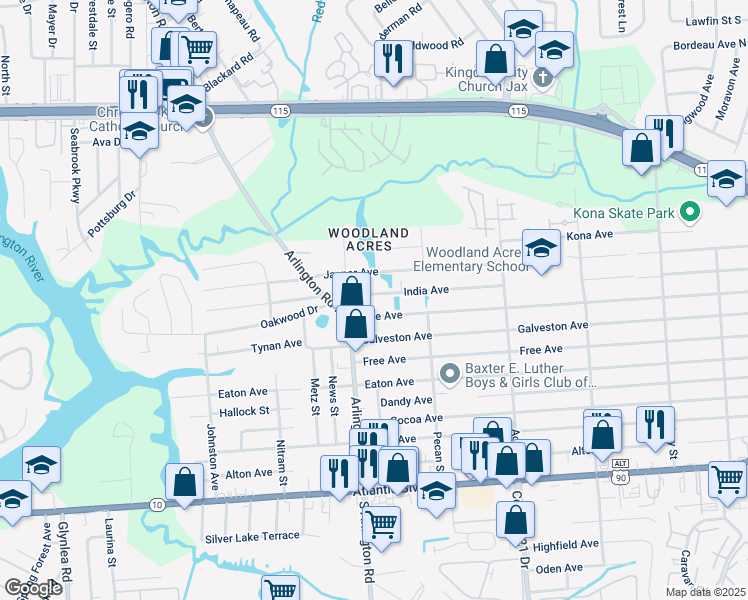 map of restaurants, bars, coffee shops, grocery stores, and more near 7519 India Avenue in Jacksonville