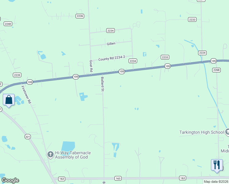 map of restaurants, bars, coffee shops, grocery stores, and more near HWY-105 County Road 2266 in Cleveland