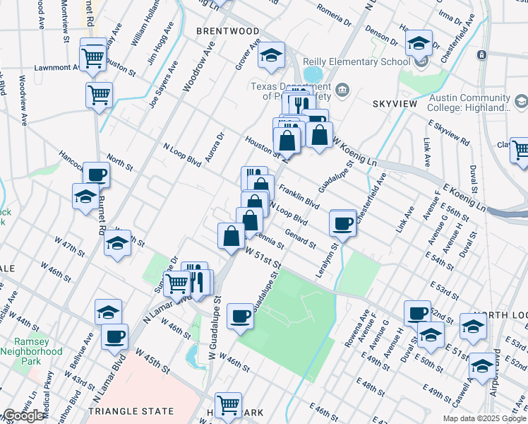 map of restaurants, bars, coffee shops, grocery stores, and more near 5263 North Lamar Boulevard in Austin