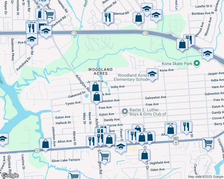 map of restaurants, bars, coffee shops, grocery stores, and more near 7703 Hare Avenue in Jacksonville