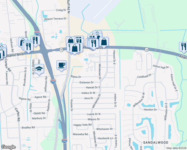 map of restaurants, bars, coffee shops, grocery stores, and more near 10871 Bahia Drive in Jacksonville