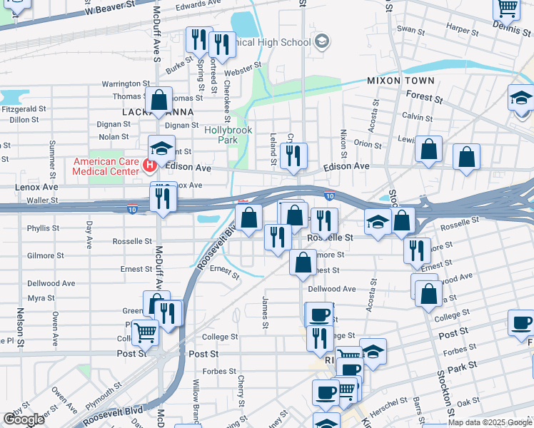 map of restaurants, bars, coffee shops, grocery stores, and more near 565 James Street in Jacksonville