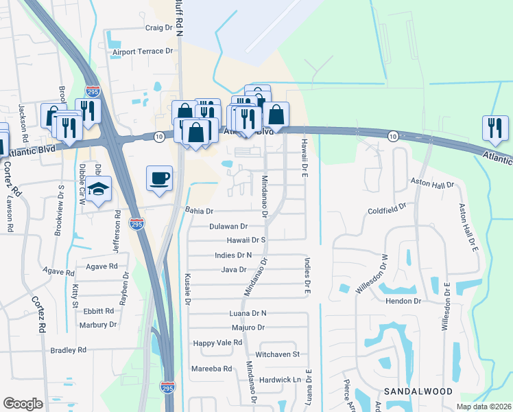 map of restaurants, bars, coffee shops, grocery stores, and more near 10871 Bahia Drive in Jacksonville