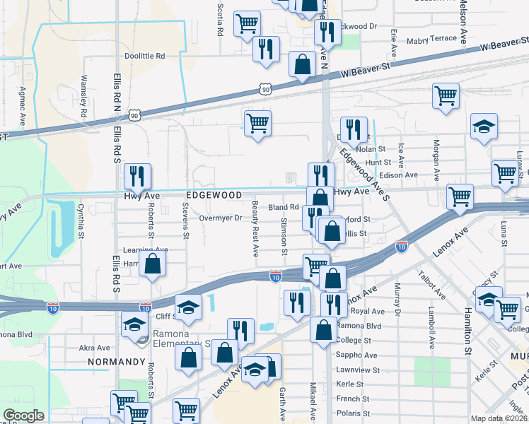 map of restaurants, bars, coffee shops, grocery stores, and more near 5245 Bland Road in Jacksonville