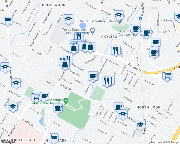 map of restaurants, bars, coffee shops, grocery stores, and more near 407 Nelray Boulevard in Austin