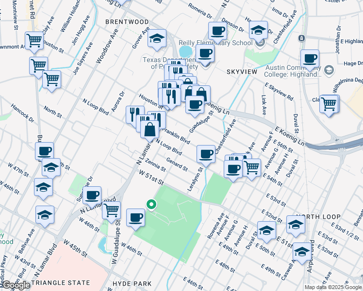 map of restaurants, bars, coffee shops, grocery stores, and more near 602 Franklin Boulevard in Austin