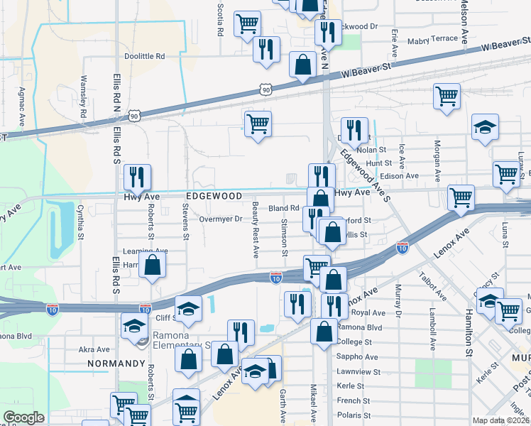 map of restaurants, bars, coffee shops, grocery stores, and more near 5245 Bland Road in Jacksonville