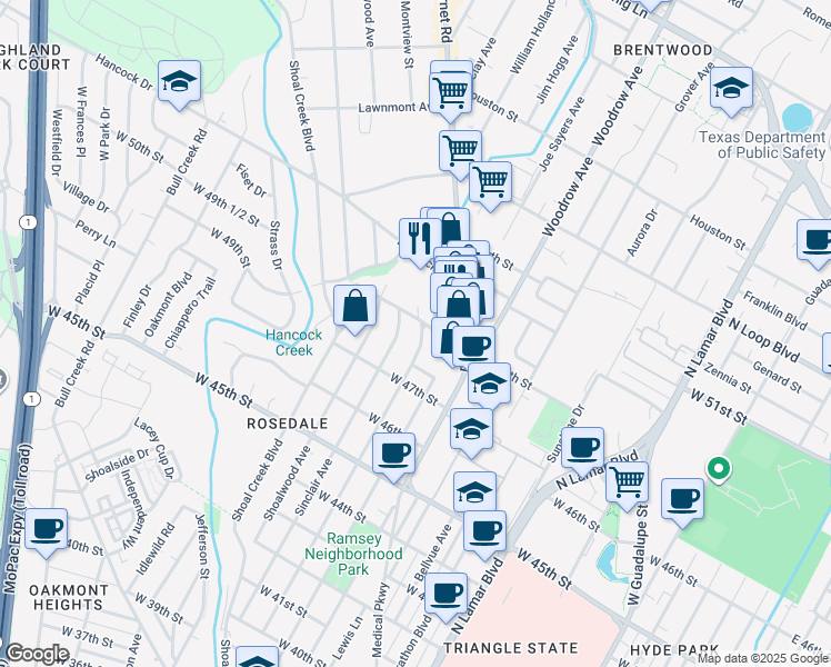 map of restaurants, bars, coffee shops, grocery stores, and more near 4808 Ramsey Avenue in Austin