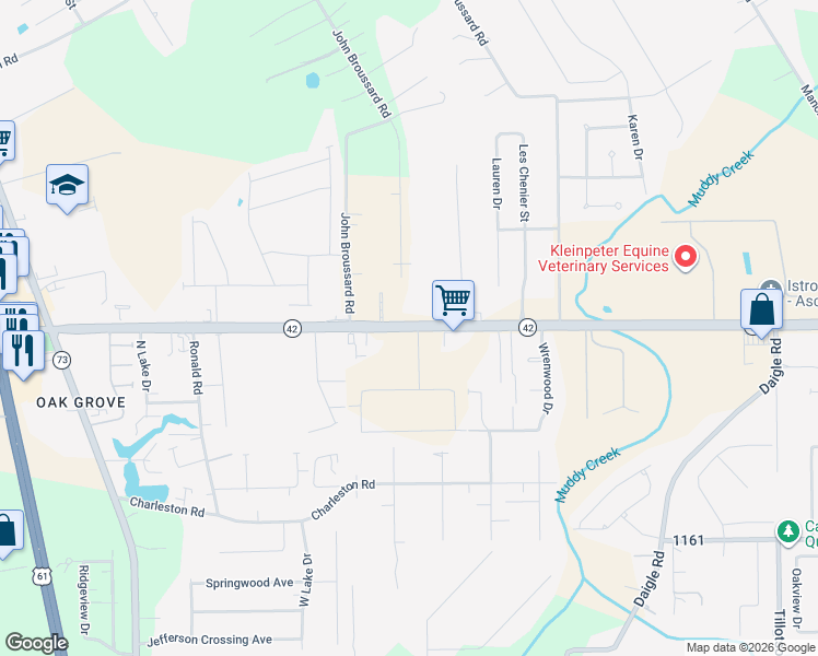 map of restaurants, bars, coffee shops, grocery stores, and more near 38390 Highway 42 in Prairieville