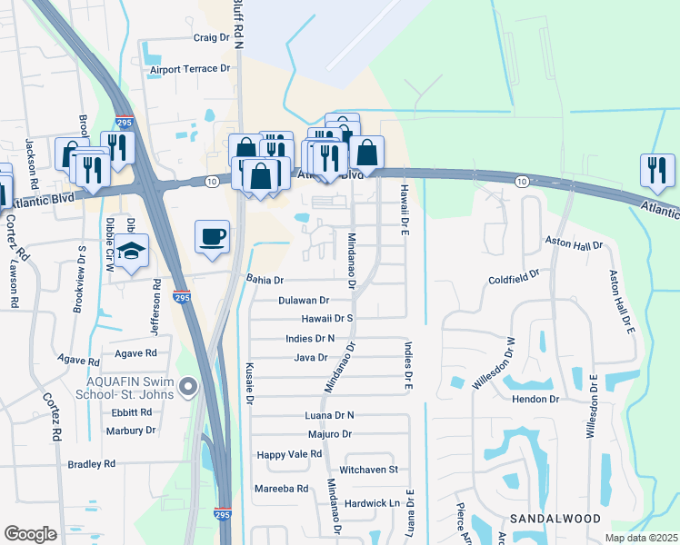 map of restaurants, bars, coffee shops, grocery stores, and more near 10871 Bahia Drive in Jacksonville