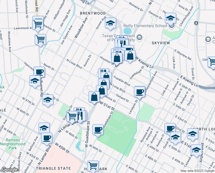 map of restaurants, bars, coffee shops, grocery stores, and more near 5263 North Lamar Boulevard in Austin