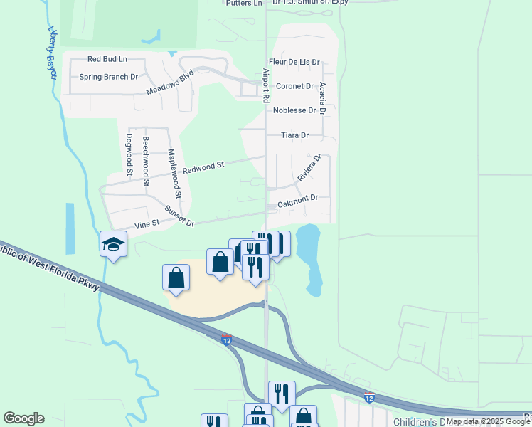 map of restaurants, bars, coffee shops, grocery stores, and more near 61121 Airport Road in Slidell