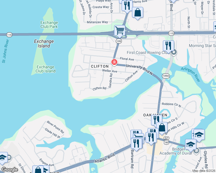 map of restaurants, bars, coffee shops, grocery stores, and more near 122 Sandra Road in Jacksonville