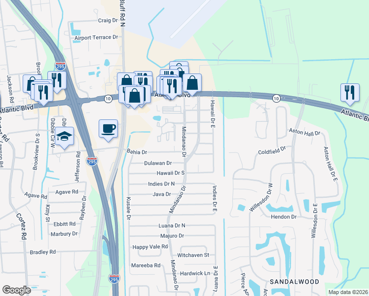 map of restaurants, bars, coffee shops, grocery stores, and more near 1766 Mindanao Dr in Jacksonville