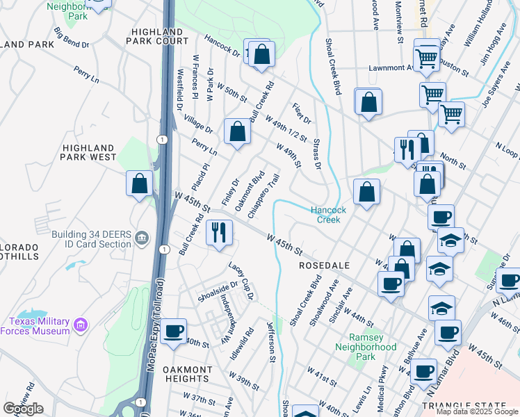 map of restaurants, bars, coffee shops, grocery stores, and more near 4601 Chiappero Trail in Austin