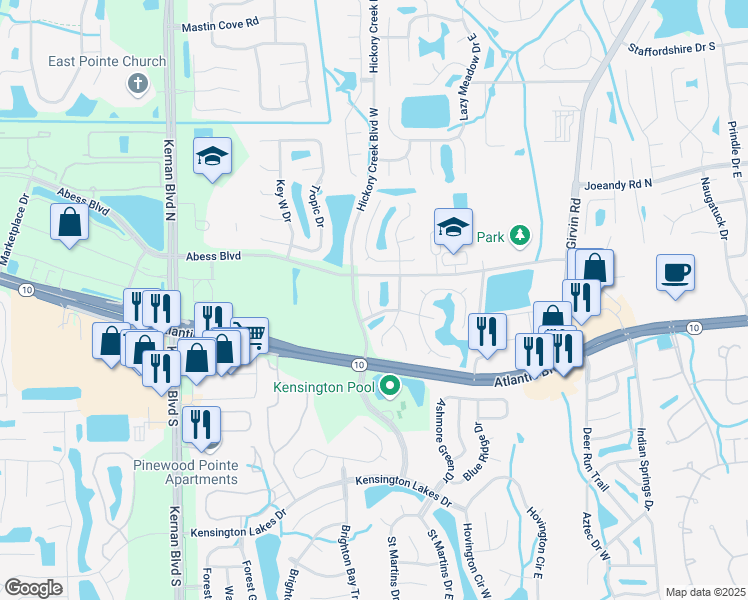 map of restaurants, bars, coffee shops, grocery stores, and more near 121 Windsorville Court in Jacksonville