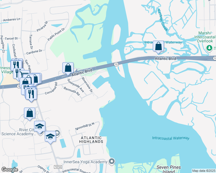 map of restaurants, bars, coffee shops, grocery stores, and more near 16A Atlantic Boulevard in Jacksonville