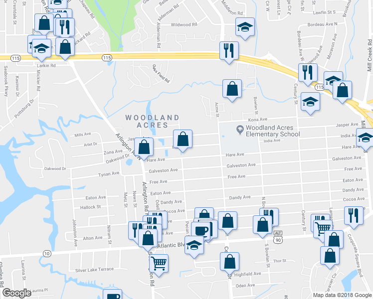 map of restaurants, bars, coffee shops, grocery stores, and more near 7819 India Avenue in Jacksonville