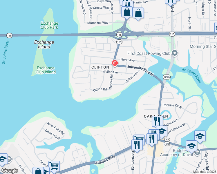 map of restaurants, bars, coffee shops, grocery stores, and more near 122 Sandra Road in Jacksonville