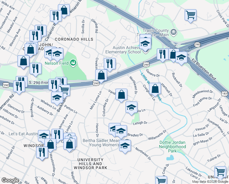 map of restaurants, bars, coffee shops, grocery stores, and more near 7108 Northeast Drive in Austin
