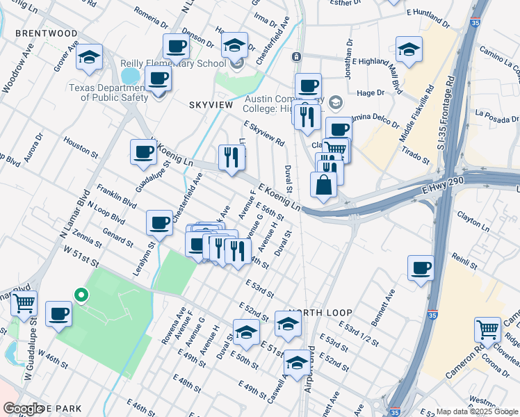 map of restaurants, bars, coffee shops, grocery stores, and more near in Austin