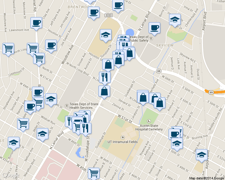 map of restaurants, bars, coffee shops, grocery stores, and more near 5263 North Lamar Boulevard in Austin