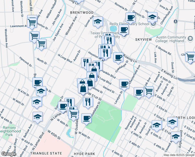 map of restaurants, bars, coffee shops, grocery stores, and more near 5263 North Lamar Boulevard in Austin