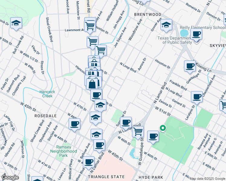 map of restaurants, bars, coffee shops, grocery stores, and more near 5006 Lynndale Drive in Austin