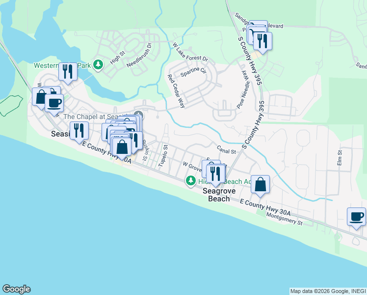 map of restaurants, bars, coffee shops, grocery stores, and more near 310 Forest Street in Santa Rosa Beach