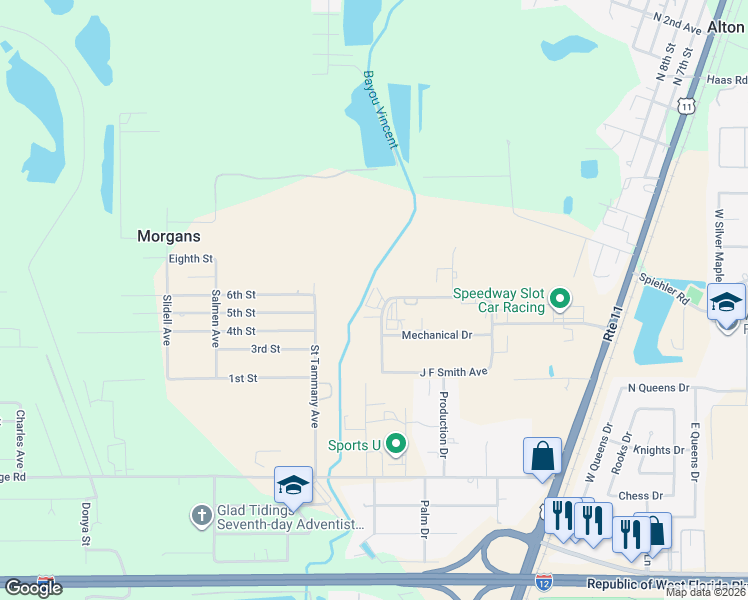 map of restaurants, bars, coffee shops, grocery stores, and more near 536 Johnny F. Smith Boulevard in Slidell