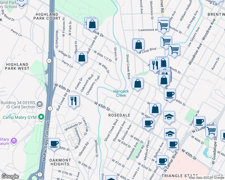 map of restaurants, bars, coffee shops, grocery stores, and more near 2613 Pembrook Trail in Austin