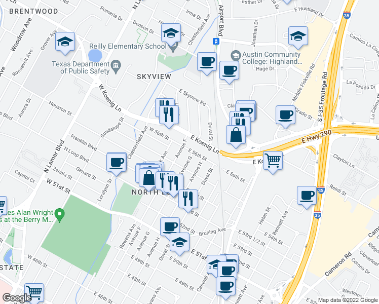 map of restaurants, bars, coffee shops, grocery stores, and more near in Austin