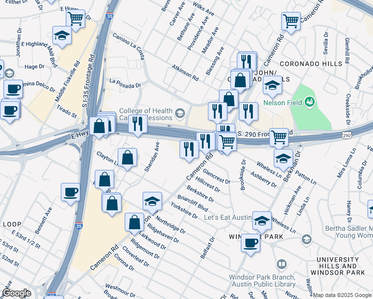 map of restaurants, bars, coffee shops, grocery stores, and more near 6395-6431 U.S. 290 Frontage Rd in Austin
