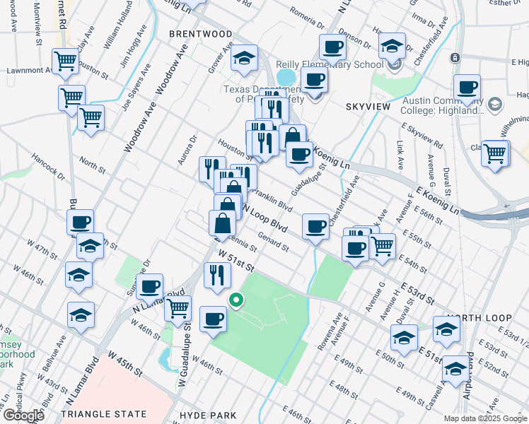 map of restaurants, bars, coffee shops, grocery stores, and more near 616 West North Loop Boulevard in Austin