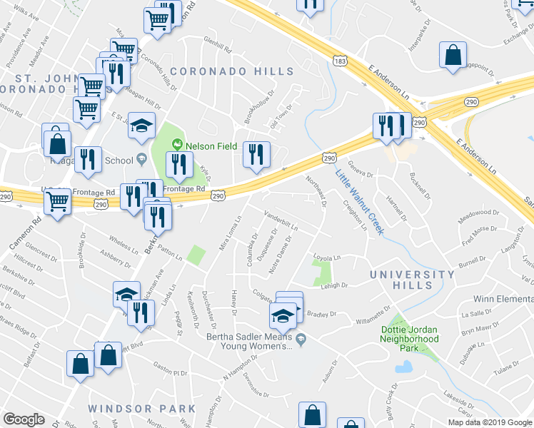 map of restaurants, bars, coffee shops, grocery stores, and more near Columbia Drive & Vanderbilt Lane in Austin