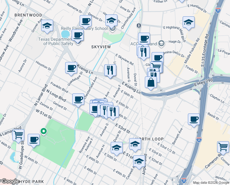 map of restaurants, bars, coffee shops, grocery stores, and more near 5510 Avenue F in Austin