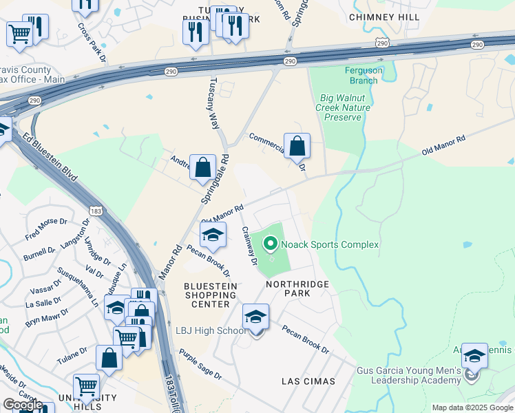 map of restaurants, bars, coffee shops, grocery stores, and more near 7607-7991 Old Manor Road in Austin