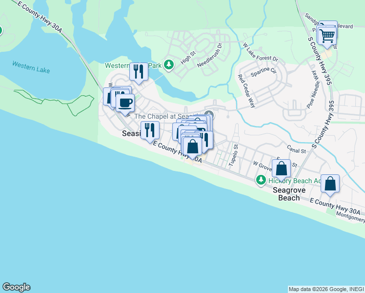 map of restaurants, bars, coffee shops, grocery stores, and more near 31 Smolian Circle in Santa Rosa Beach