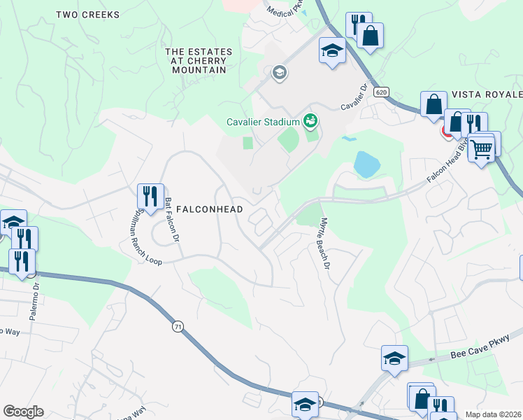 map of restaurants, bars, coffee shops, grocery stores, and more near 14912 Falconhead Grove Loop in Austin