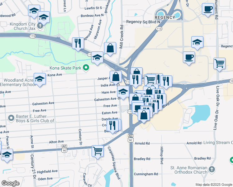 map of restaurants, bars, coffee shops, grocery stores, and more near 306 Mill Creek Road in Jacksonville