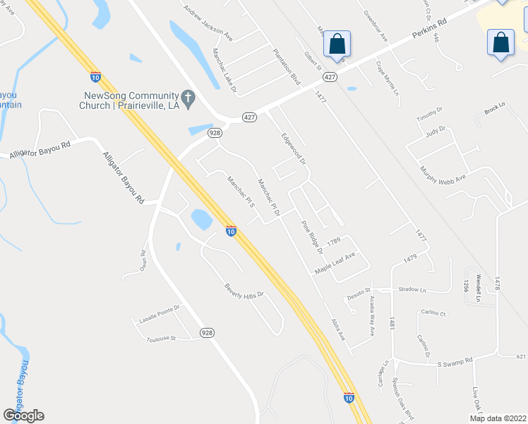 map of restaurants, bars, coffee shops, grocery stores, and more near 18196 Manchac Place South in Prairieville