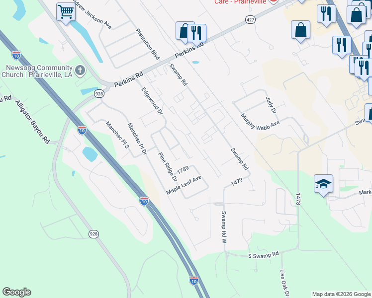 map of restaurants, bars, coffee shops, grocery stores, and more near 18132 Pinehurst Drive in Prairieville