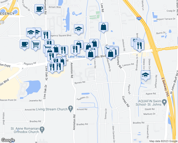 map of restaurants, bars, coffee shops, grocery stores, and more near 25 1700-3 Leon Ap in Jacksonville