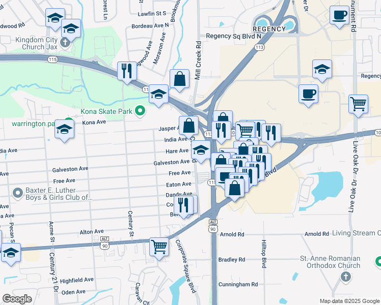 map of restaurants, bars, coffee shops, grocery stores, and more near 306 Mill Creek Road in Jacksonville