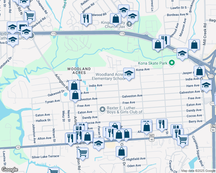 map of restaurants, bars, coffee shops, grocery stores, and more near 7922 India Avenue in Jacksonville
