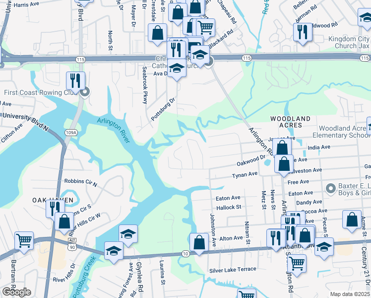 map of restaurants, bars, coffee shops, grocery stores, and more near 364 Tidewater Circle West in Jacksonville