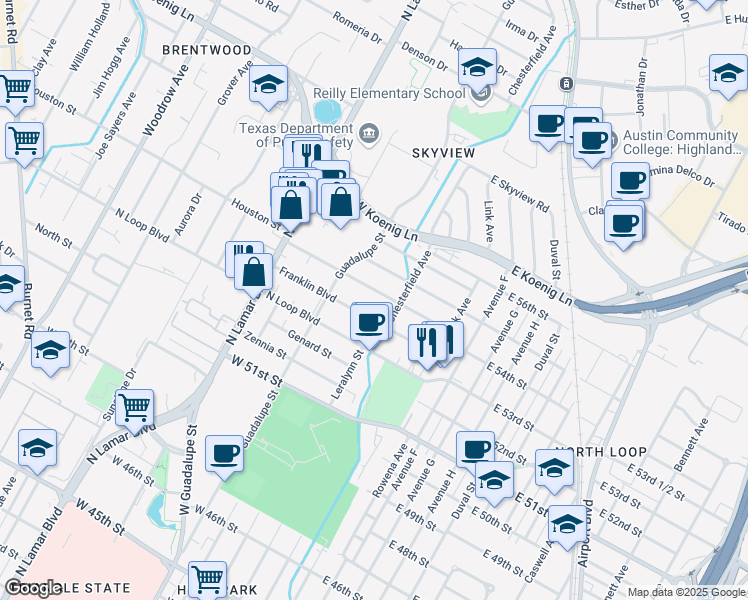 map of restaurants, bars, coffee shops, grocery stores, and more near 407 Nelray Boulevard in Austin