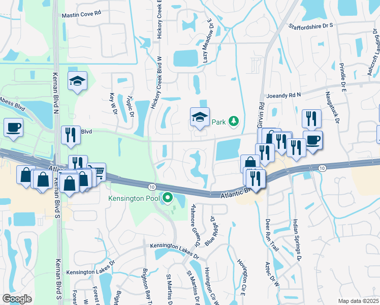 map of restaurants, bars, coffee shops, grocery stores, and more near 12559 Reeding Ridge Drive East in Jacksonville