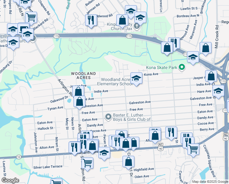 map of restaurants, bars, coffee shops, grocery stores, and more near 7922 India Avenue in Jacksonville